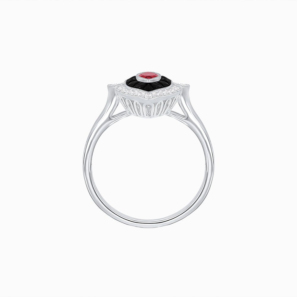 Marquise Shape Art Deco Style Diamond Ring with Ruby and Onyx - Shahin Jewelry