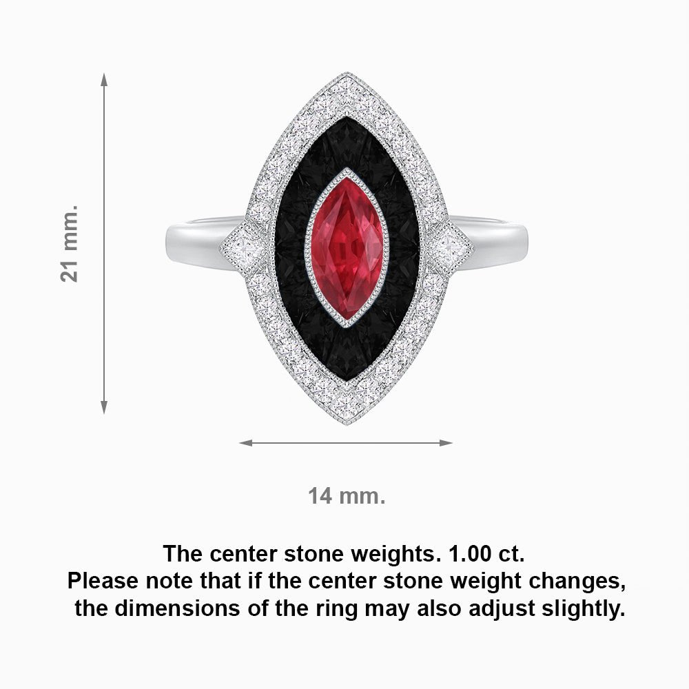 Marquise Shape Art Deco Style Diamond Ring with Ruby and Onyx - Shahin Jewelry