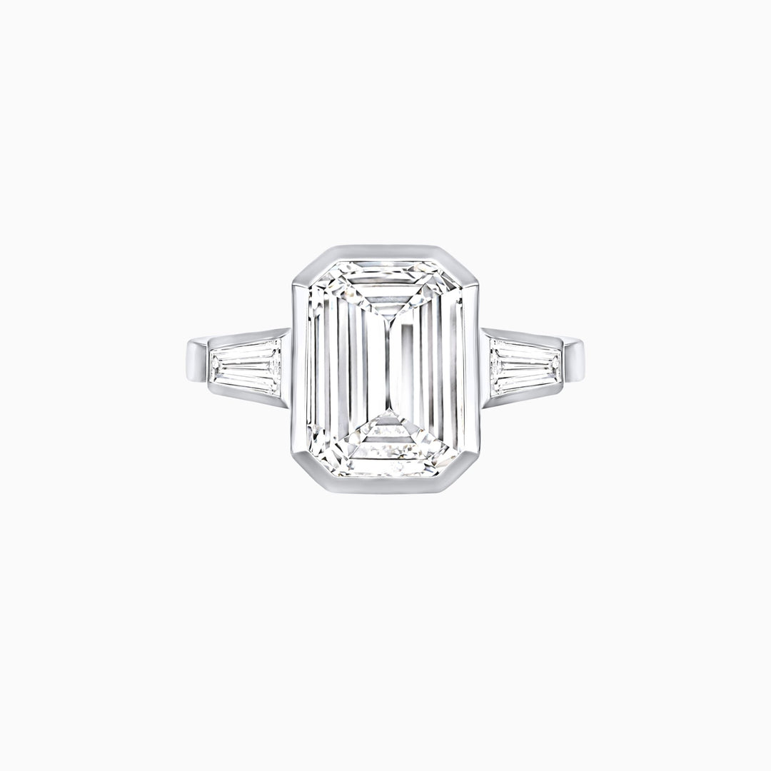Modern Art Deco Inspired Emerald-Cut Bezel Engagement Ring with Tapered Baguette Side Stones - Shahin Jewelry