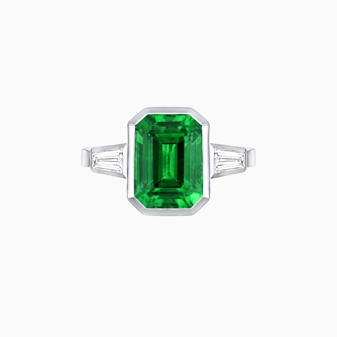Modern Art Deco Inspired Emerald-Cut Bezel Engagement Ring with Tapered Baguette Side Stones - Shahin Jewelry