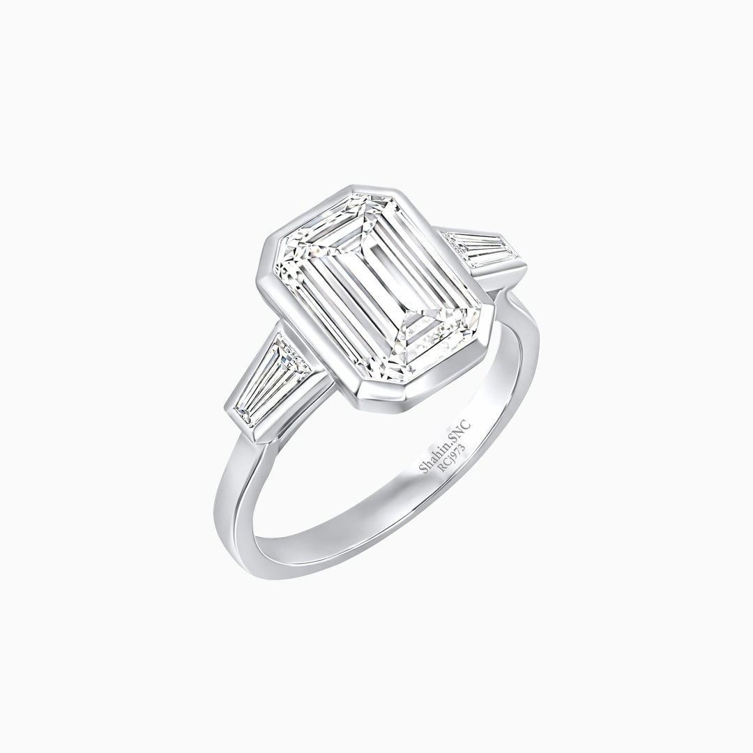 Modern Art Deco Inspired Emerald-Cut Bezel Engagement Ring with Tapered Baguette Side Stones - Shahin Jewelry