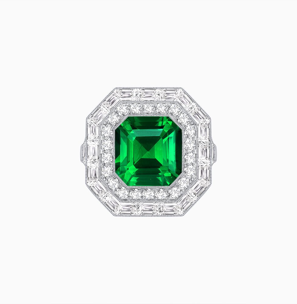 One-of-a-Kind Art Deco Inspired Emerald Cut Double Halo Ring - Shahin Jewelry