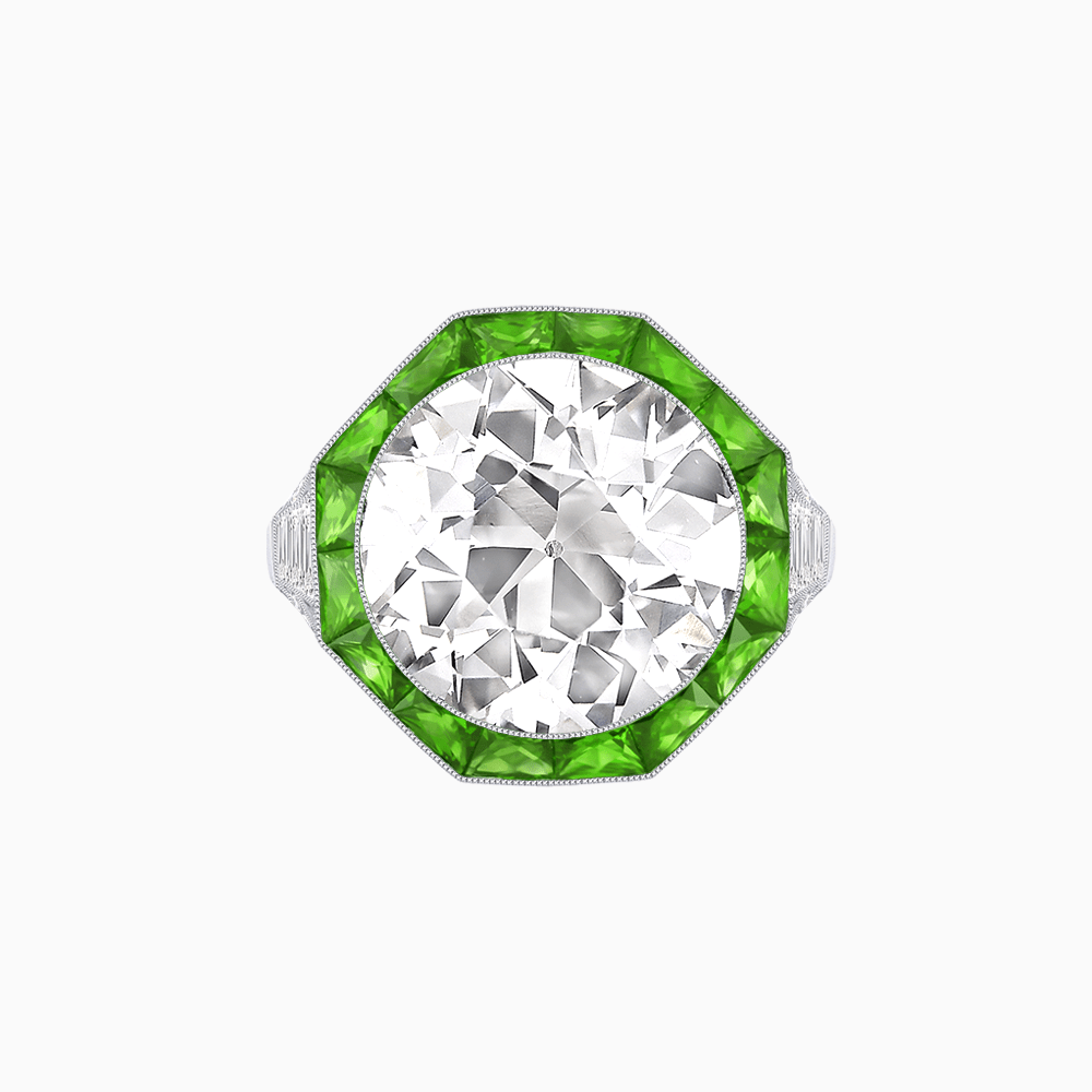 One-of-a-Kind Art Deco Style Round Cut Ring with French-Cut Gemstone Halo - Shahin Jewelry