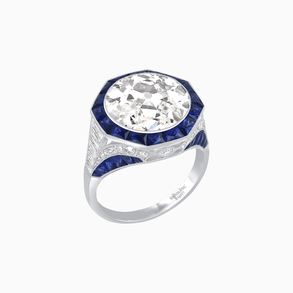 One-of-a-Kind Art Deco Style Round Cut Ring with French-Cut Gemstone Halo - Shahin Jewelry