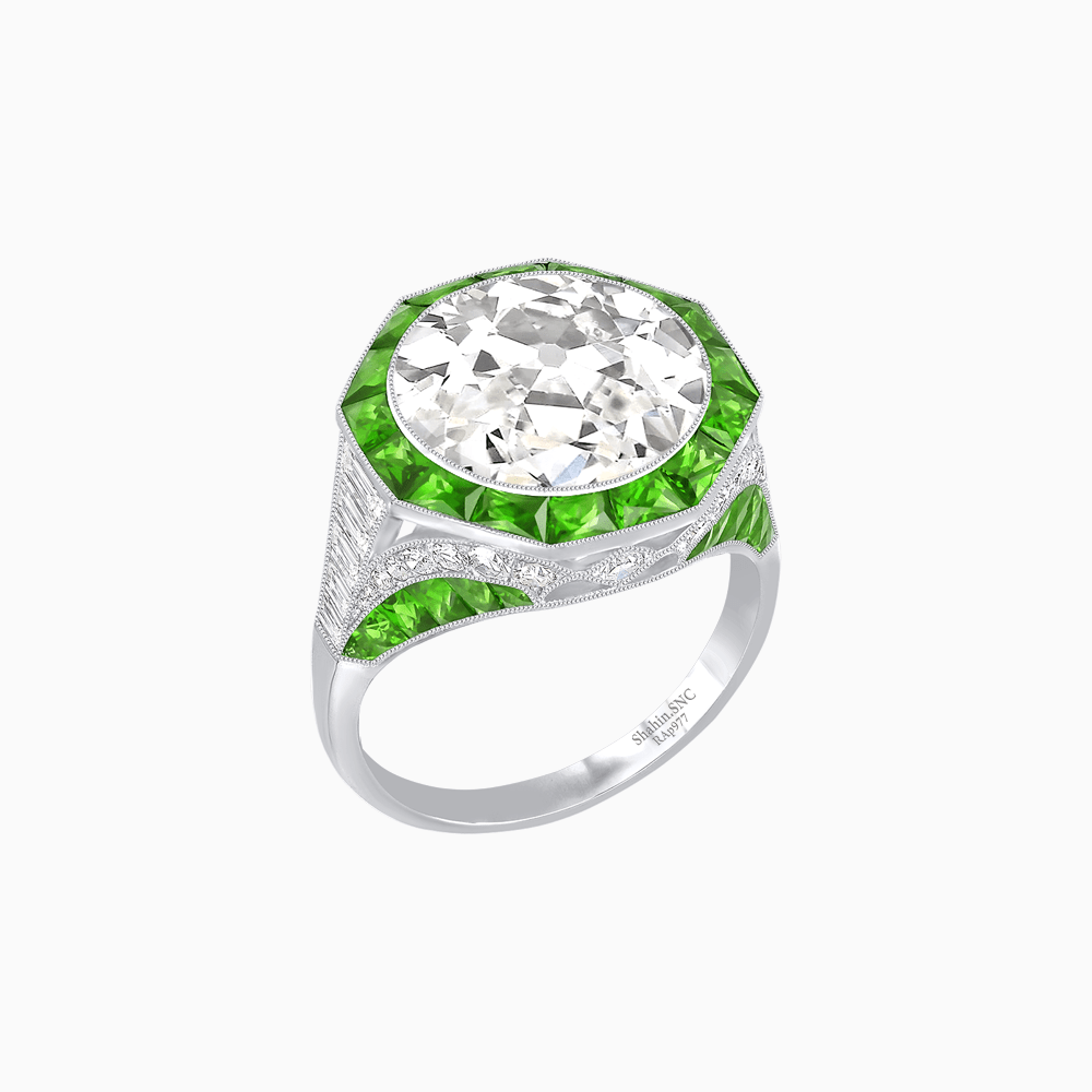 One-of-a-Kind Art Deco Style Round Cut Ring with French-Cut Gemstone Halo - Shahin Jewelry