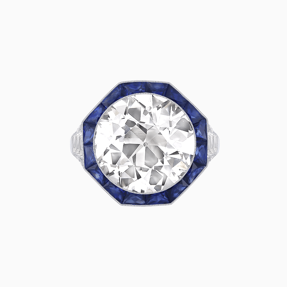 One-of-a-Kind Art Deco Style Round Cut Ring with French-Cut Gemstone Halo - Shahin Jewelry