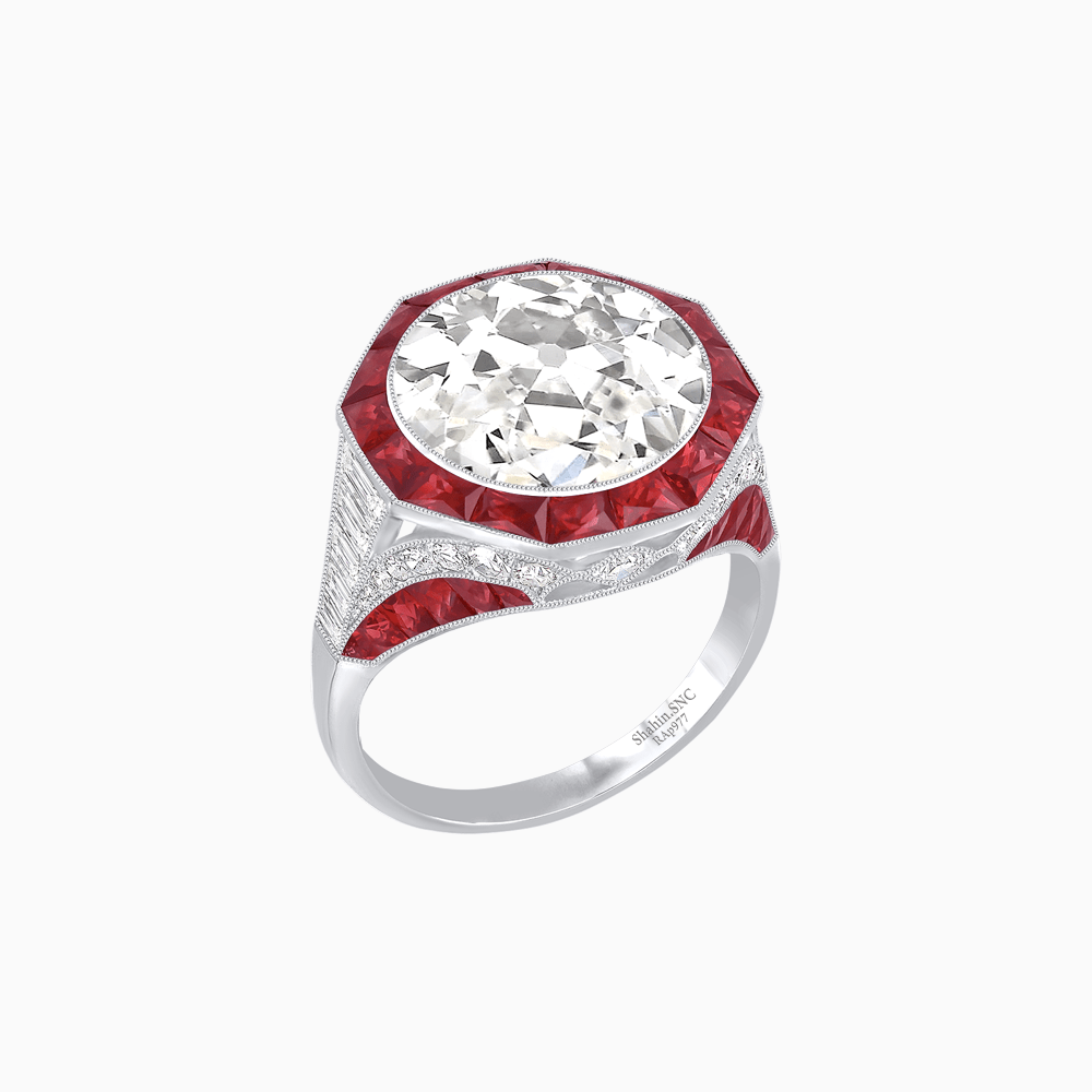One-of-a-Kind Art Deco Style Round Cut Ring with French-Cut Gemstone Halo - Shahin Jewelry