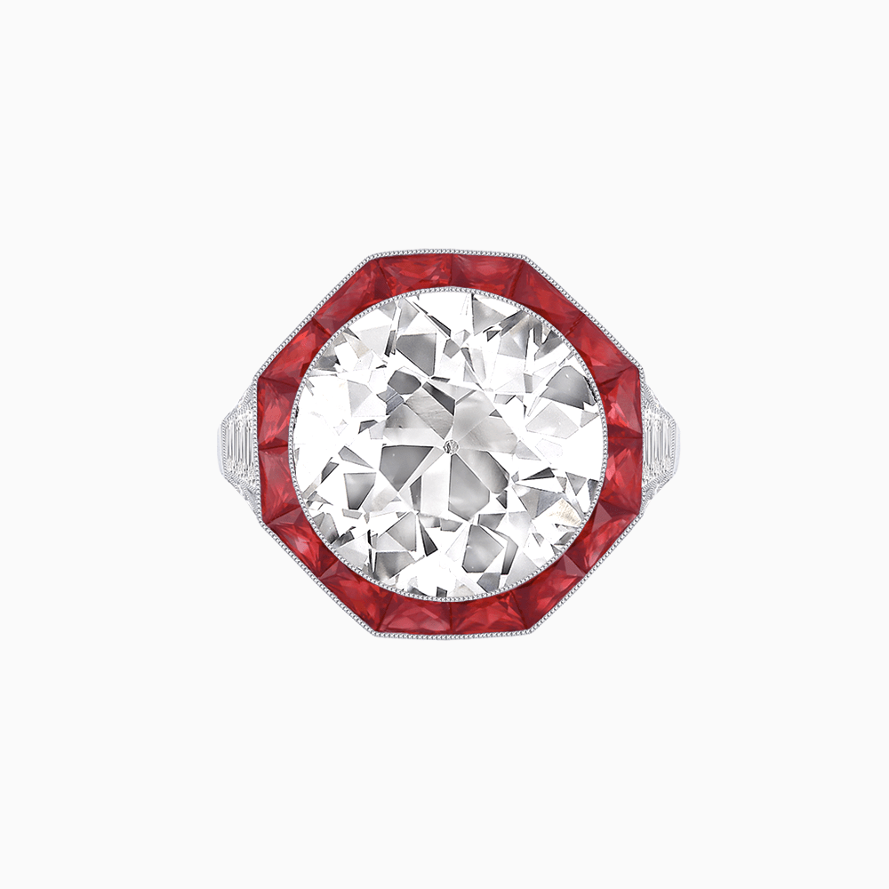 One-of-a-Kind Art Deco Style Round Cut Ring with French-Cut Gemstone Halo - Shahin Jewelry