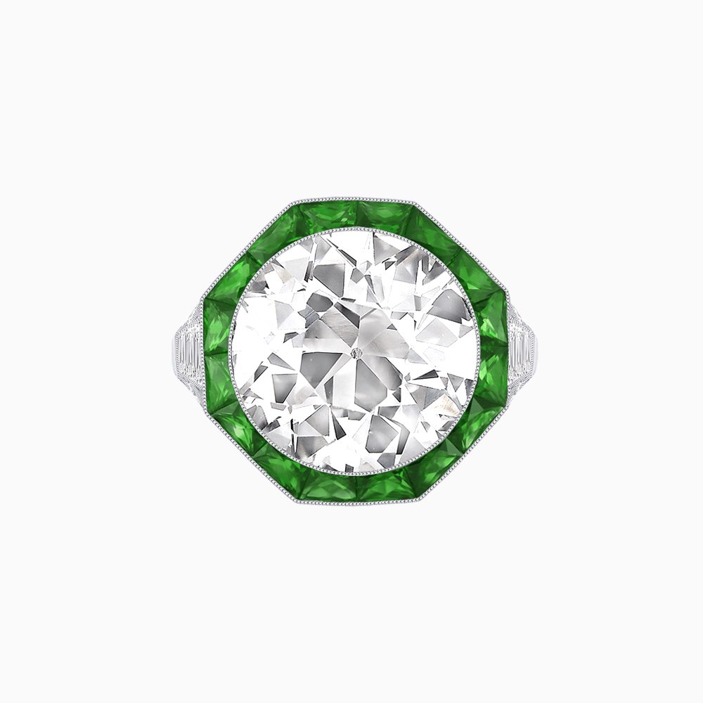 One-of-a-Kind Art Deco Style Round Cut Ring with French-Cut Gemstone Halo - Shahin Jewelry
