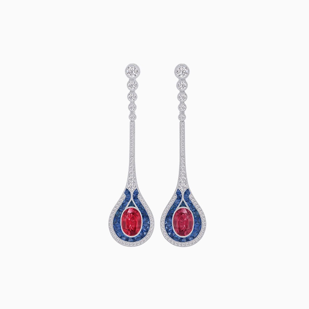Ottoman Style Tulip Earrings Oval Mounting with Diamond and Gemstone - Shahin Jewelry