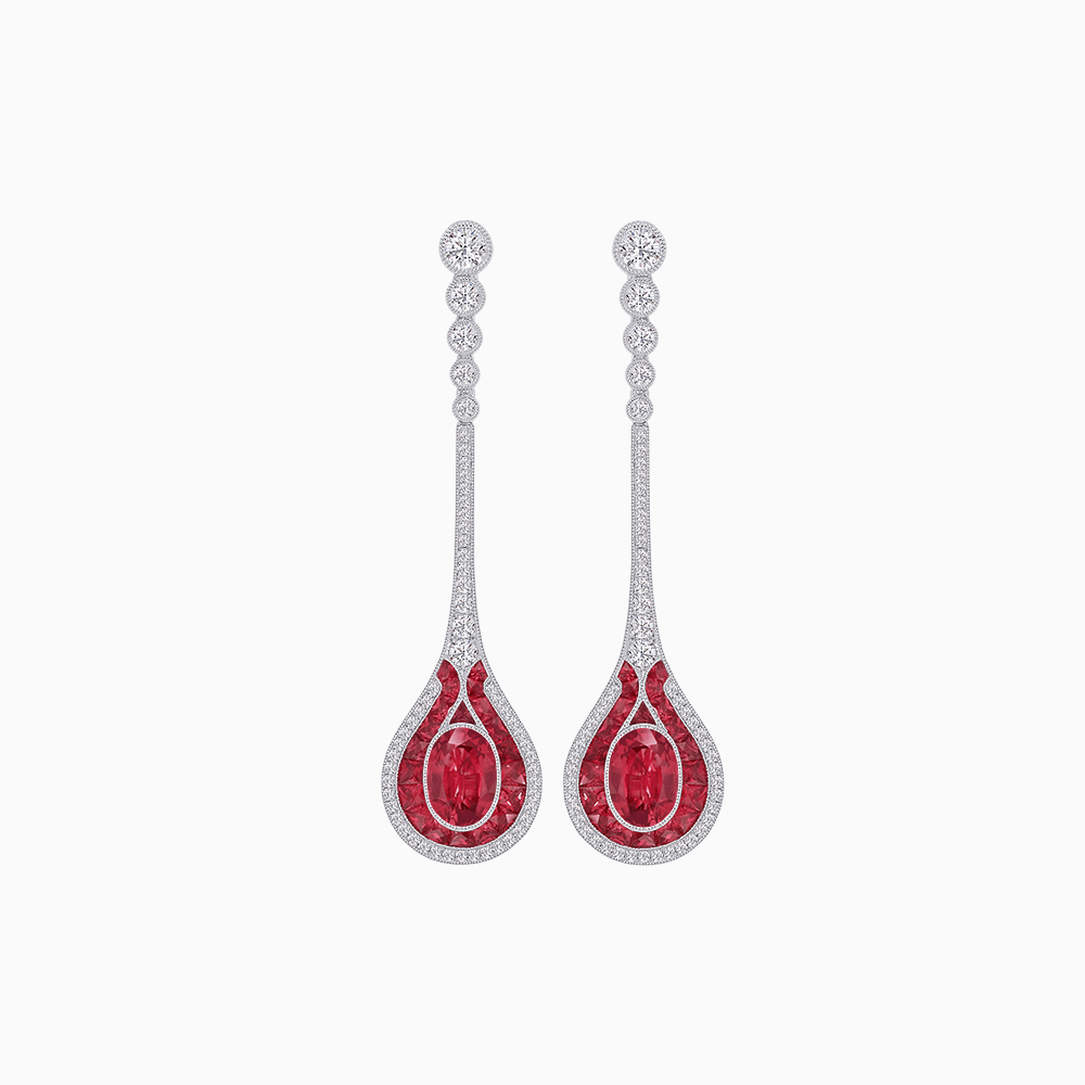 Ottoman Style Tulip Earrings Oval Mounting with Diamond and Gemstone - Shahin Jewelry