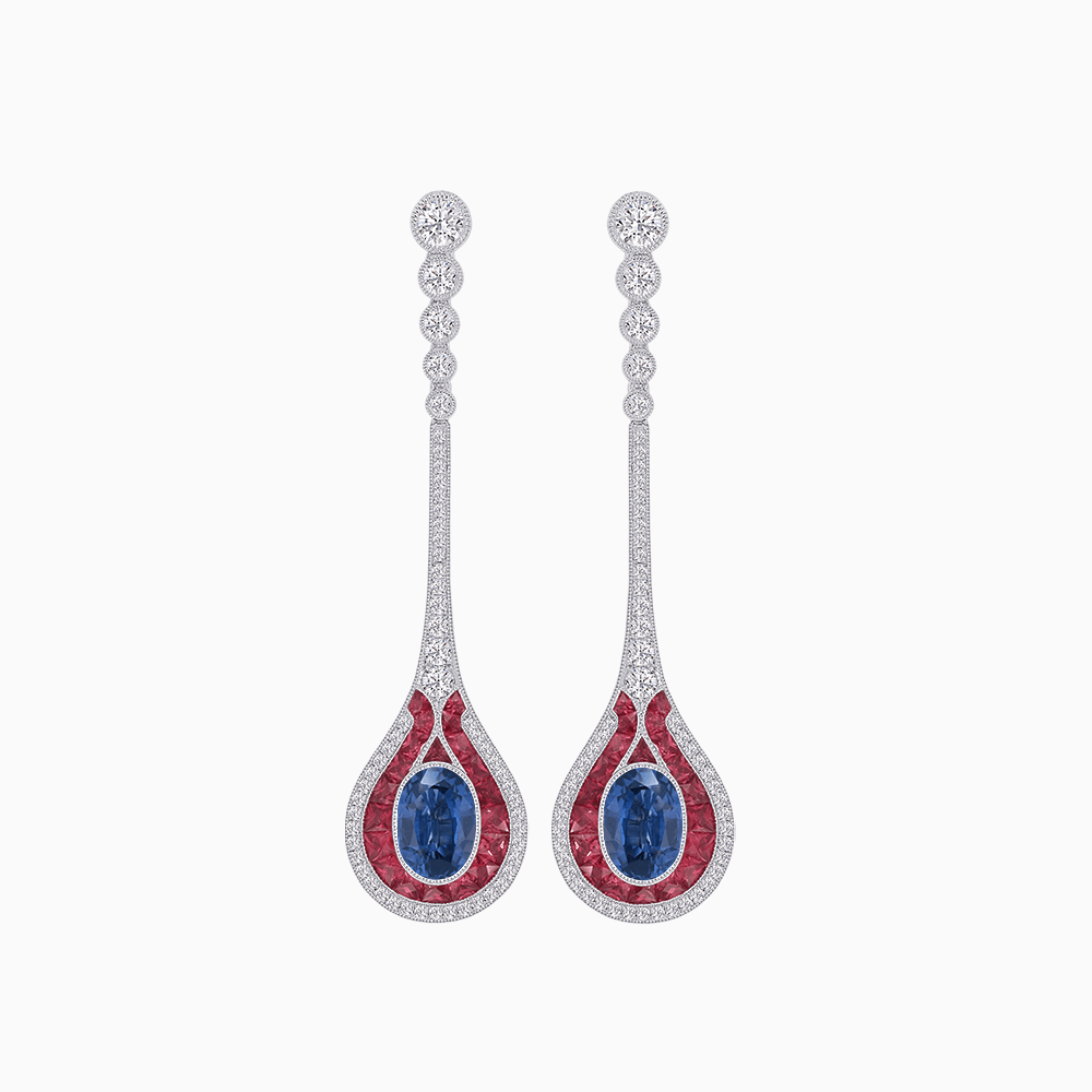 Ottoman Style Tulip Earrings Oval Mounting with Diamond and Gemstone - Shahin Jewelry