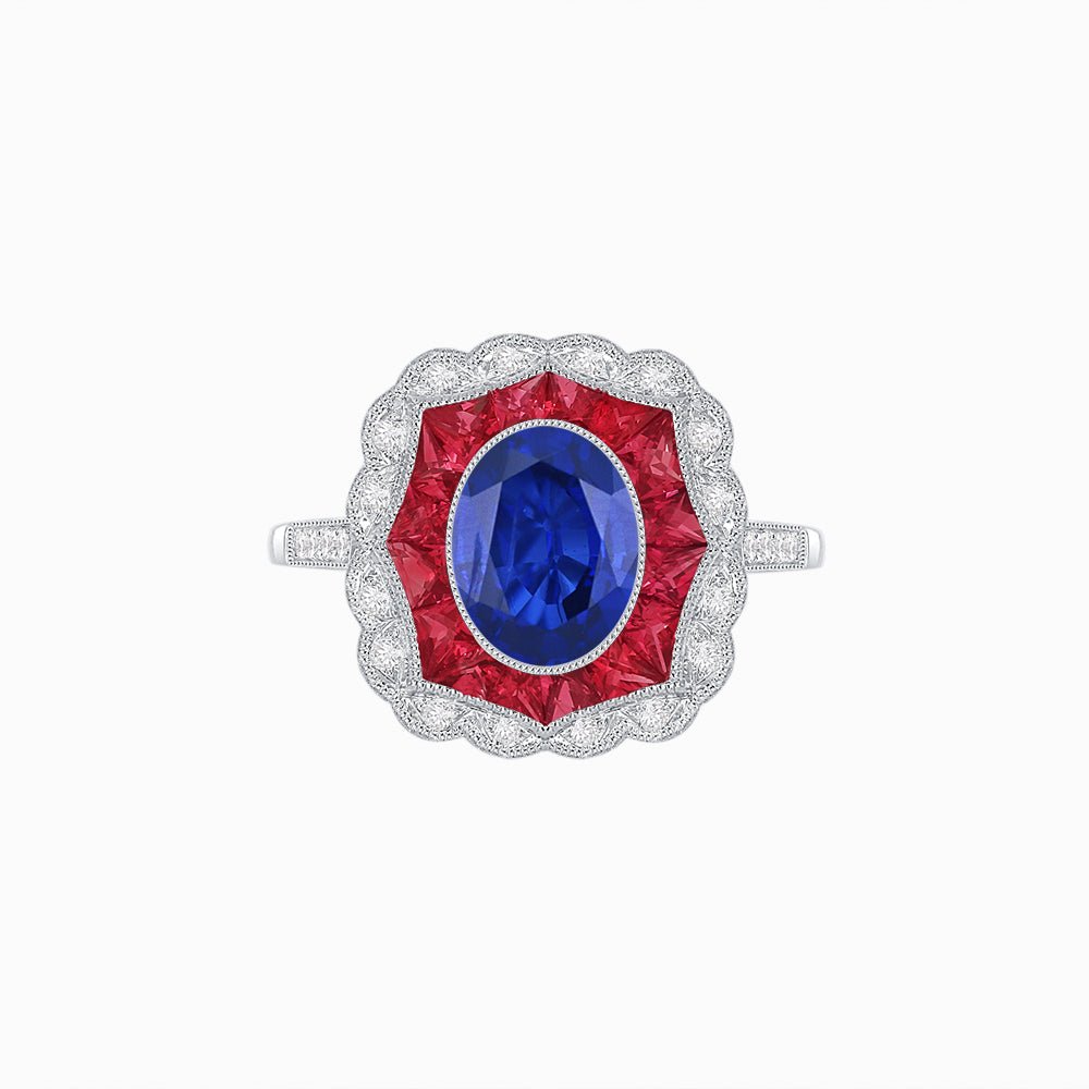 Oval-Cut Art Deco Floral Radiance Ring with Diamond and Gemstone - Shahin Jewelry