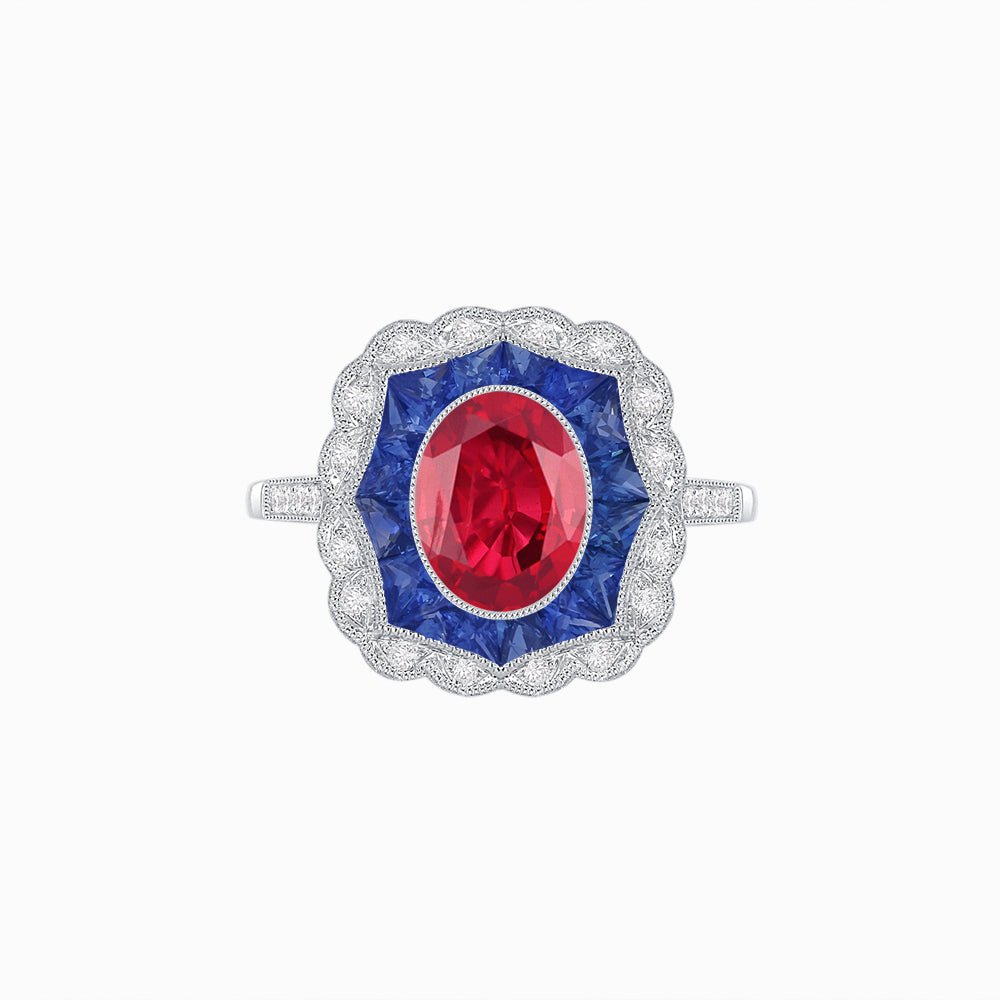 Oval-Cut Art Deco Floral Radiance Ring with Diamond and Gemstone - Shahin Jewelry