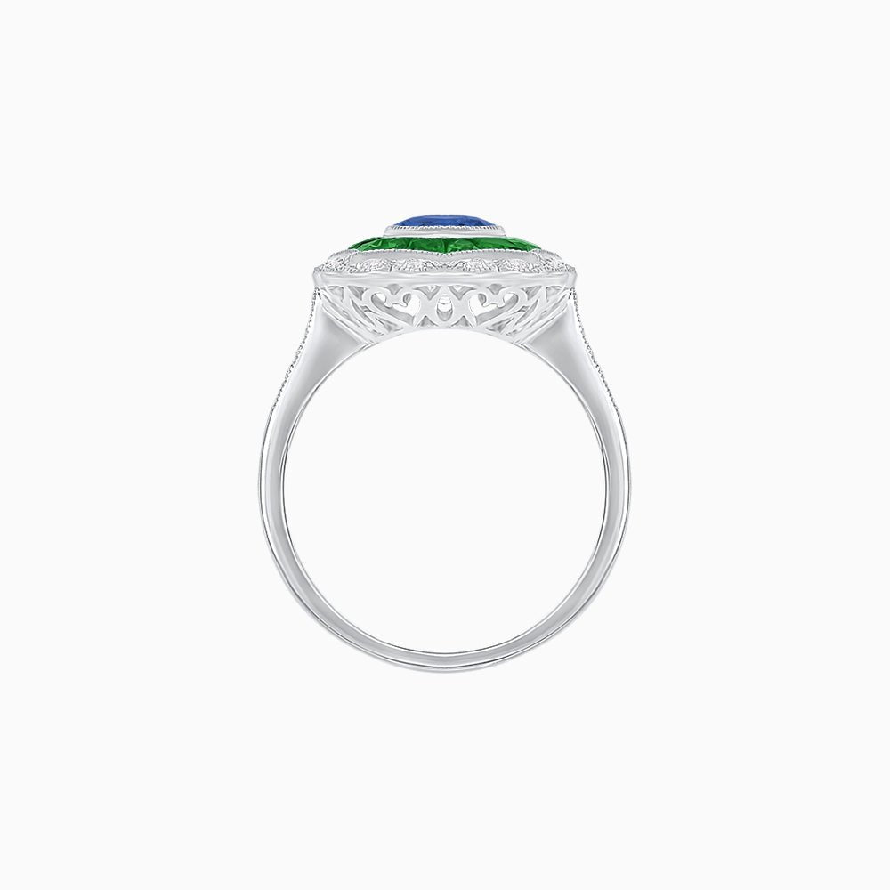 Oval-Cut Art Deco Floral Radiance Ring with Diamond and Gemstone - Shahin Jewelry