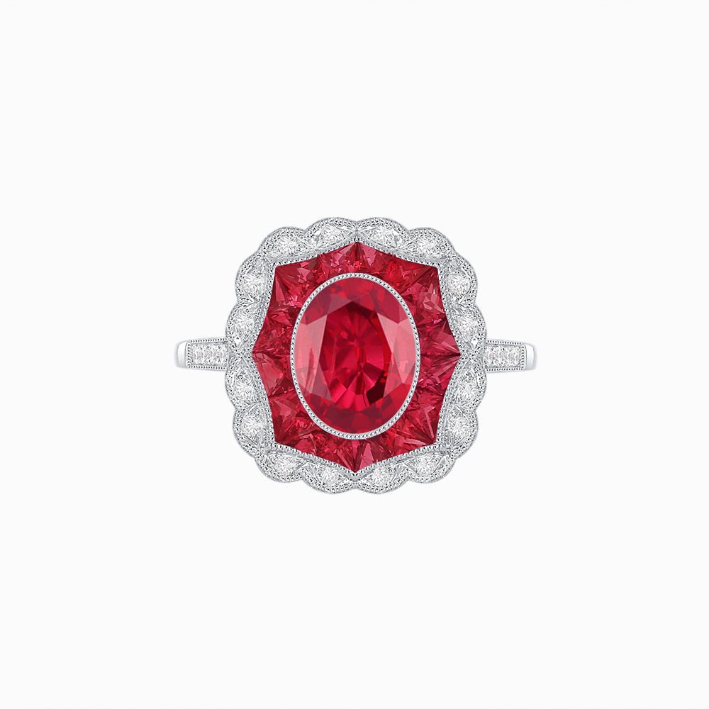 Oval-Cut Art Deco Floral Radiance Ring with Diamond and Gemstone - Shahin Jewelry