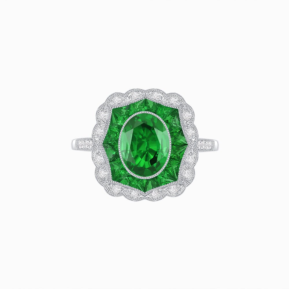 Oval-Cut Art Deco Floral Radiance Ring with Diamond and Gemstone - Shahin Jewelry