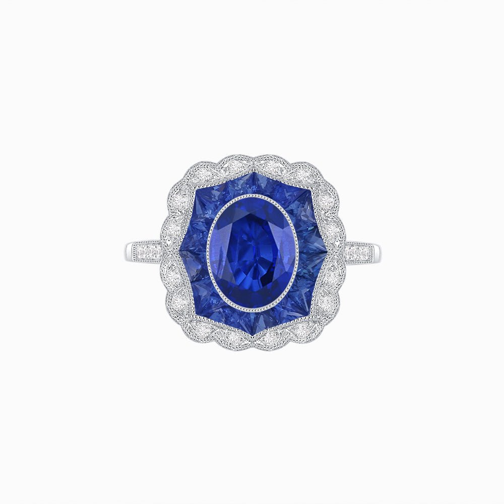 Oval-Cut Art Deco Floral Radiance Ring with Diamond and Gemstone - Shahin Jewelry