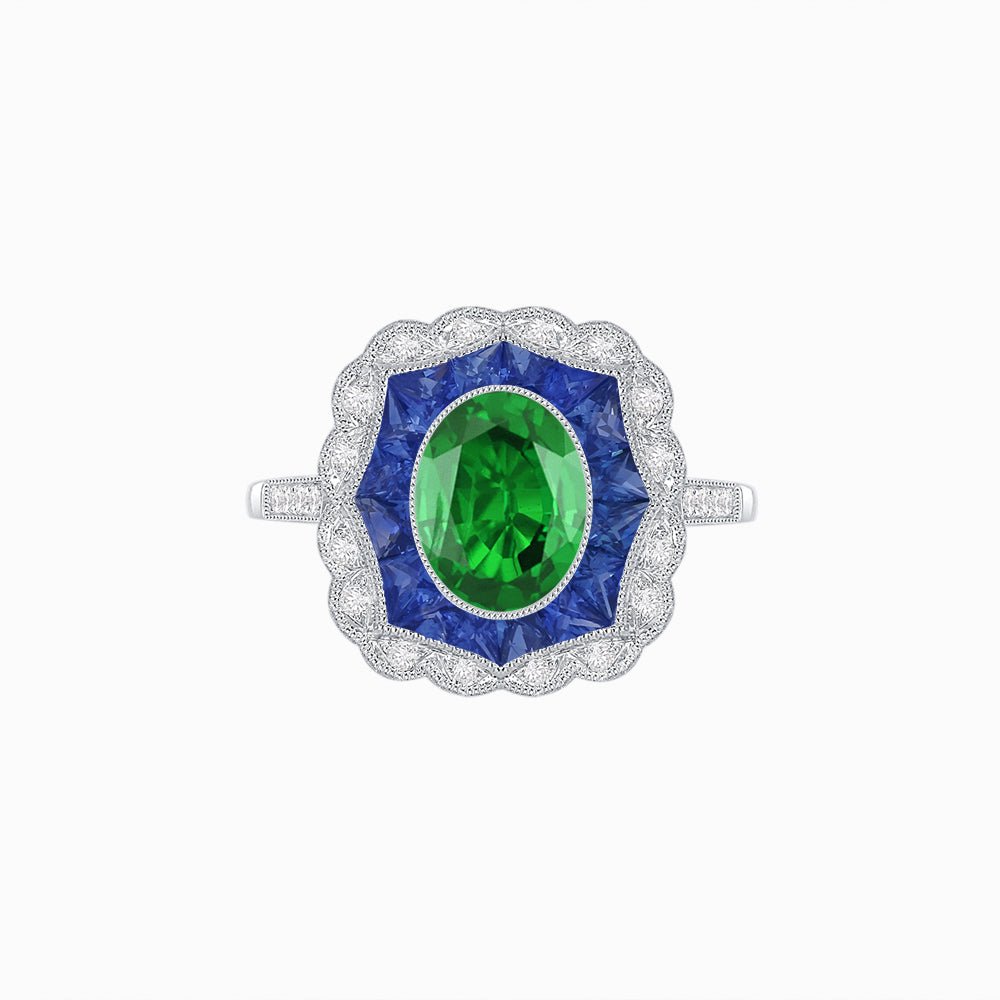 Oval-Cut Art Deco Floral Radiance Ring with Diamond and Gemstone - Shahin Jewelry