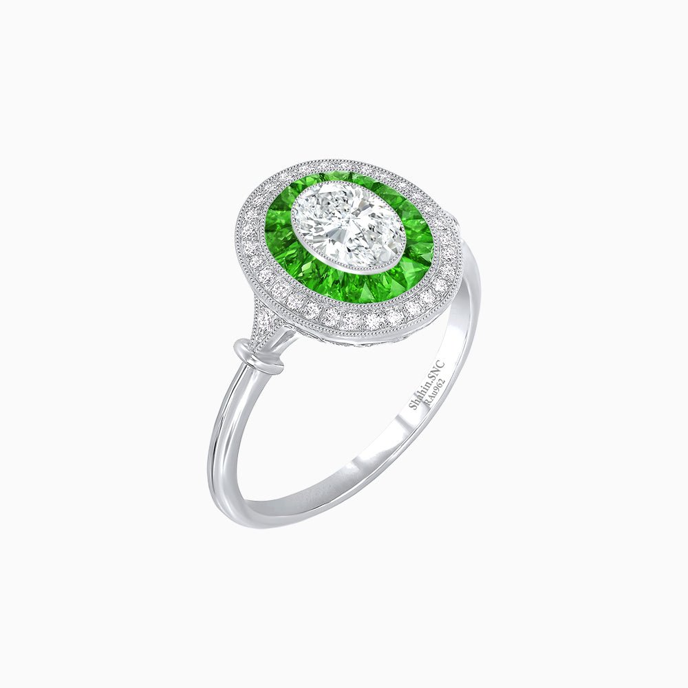 Oval Cut Center Stone Double Halo Ring Mounting with French Cut Gemstone Accents - Shahin Jewelry