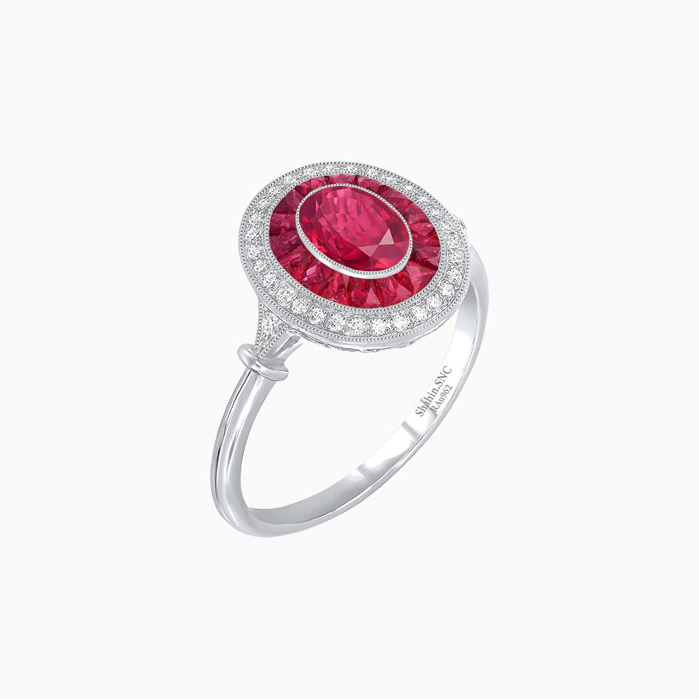 Oval Cut Center Stone Double Halo Ring Mounting with French Cut Gemstone Accents - Shahin Jewelry