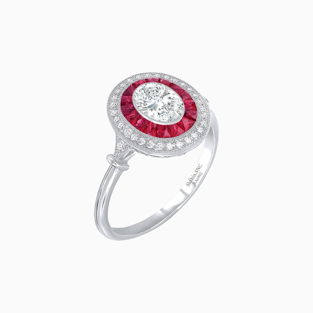 Oval Cut Center Stone Double Halo Ring Mounting with French Cut Gemstone Accents - Shahin Jewelry