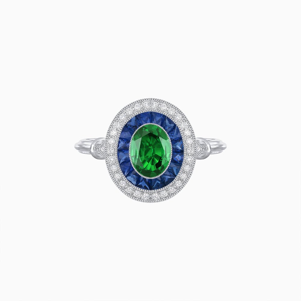 Oval Cut Center Stone Double Halo Ring Mounting with French Cut Gemstone Accents - Shahin Jewelry