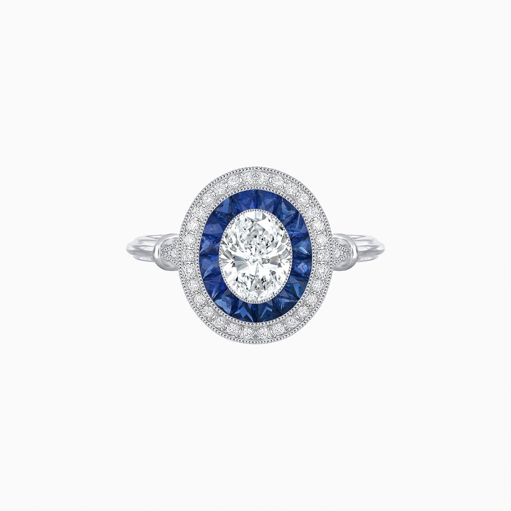 Oval Cut Center Stone Double Halo Ring Mounting with French Cut Gemstone Accents - Shahin Jewelry