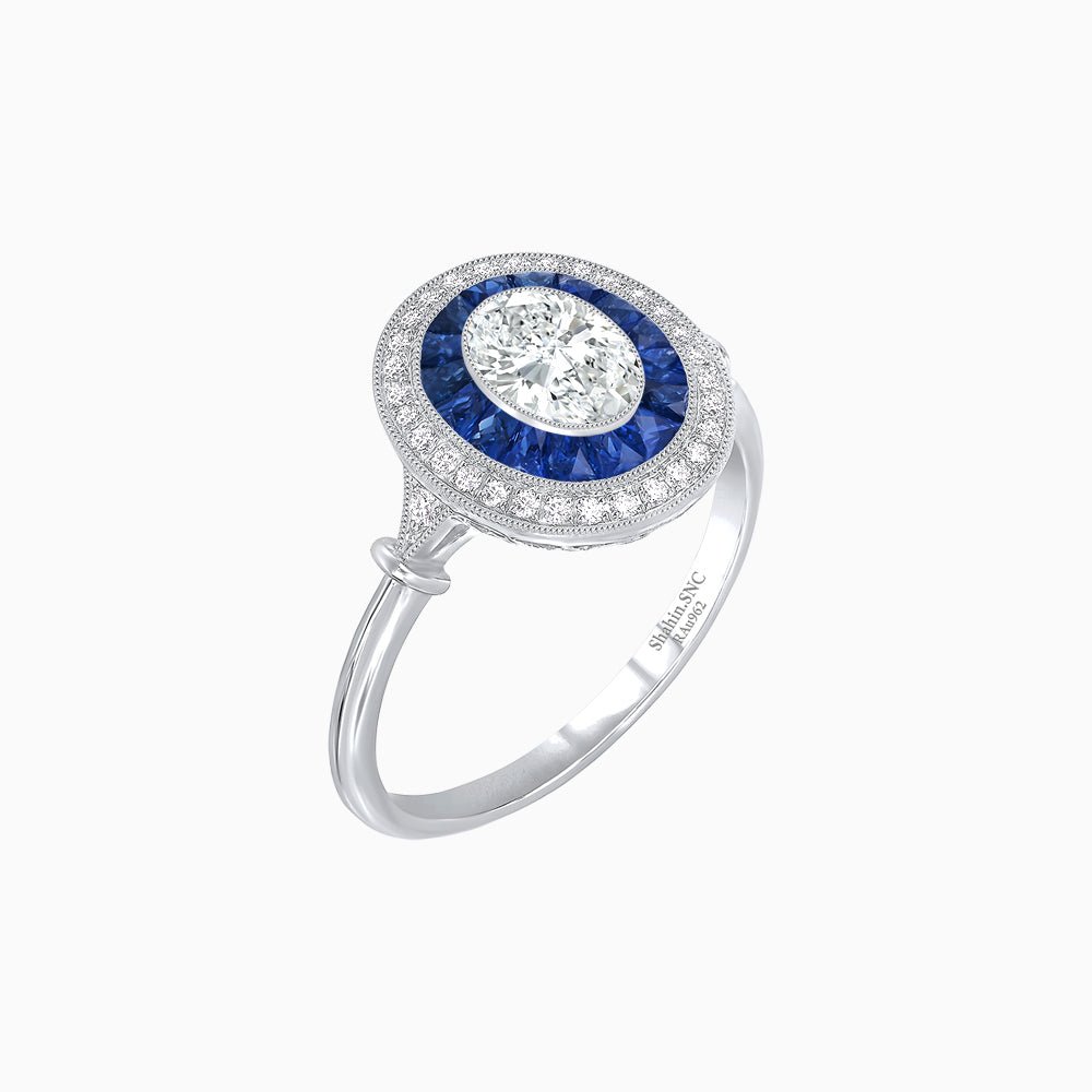 Oval Cut Center Stone Double Halo Ring Mounting with French Cut Gemstone Accents - Shahin Jewelry