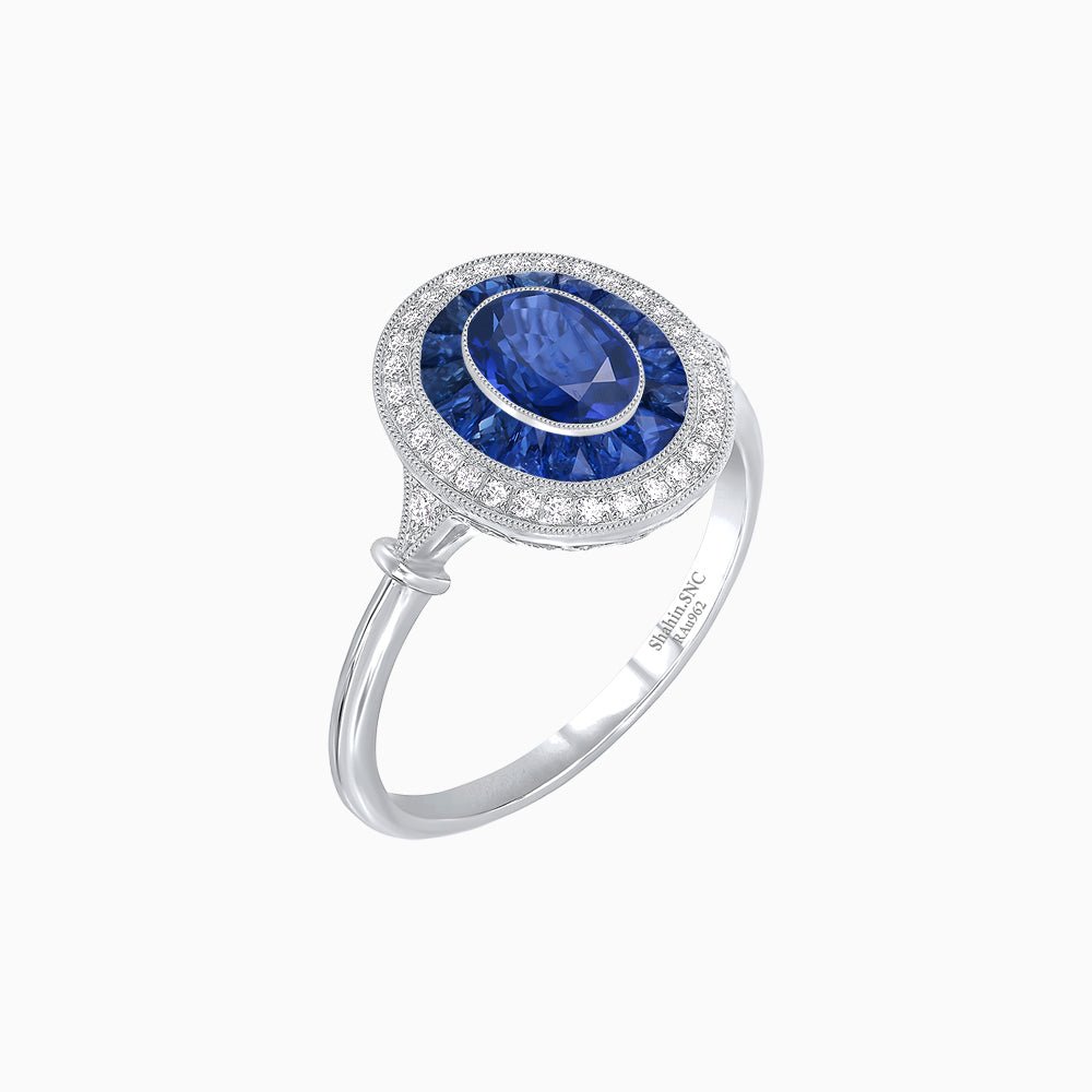 Oval Cut Center Stone Double Halo Ring Mounting with French Cut Gemstone Accents - Shahin Jewelry