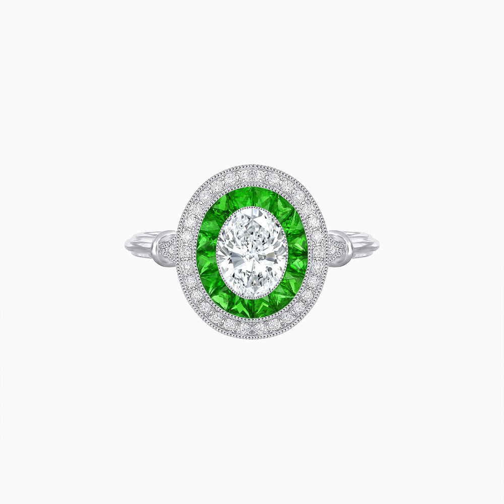 Oval Cut Center Stone Double Halo Ring Mounting with French Cut Gemstone Accents - Shahin Jewelry