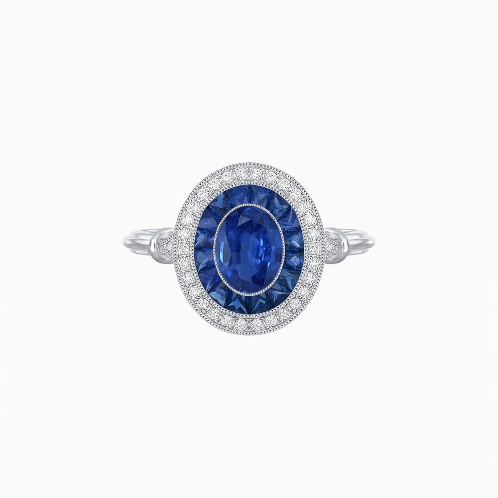 Oval Cut Center Stone Double Halo Ring Mounting with French Cut Gemstone Accents - Shahin Jewelry