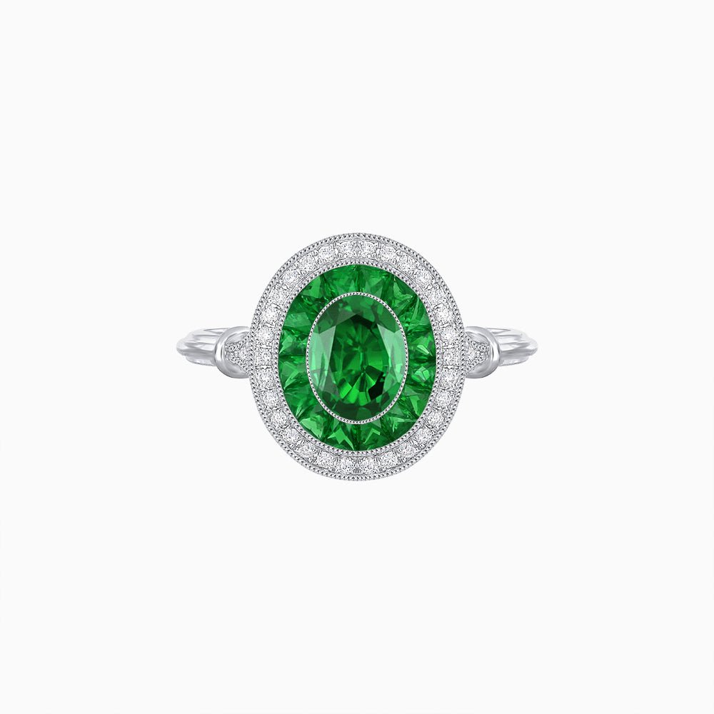 Oval Cut Center Stone Double Halo Ring Mounting with French Cut Gemstone Accents - Shahin Jewelry