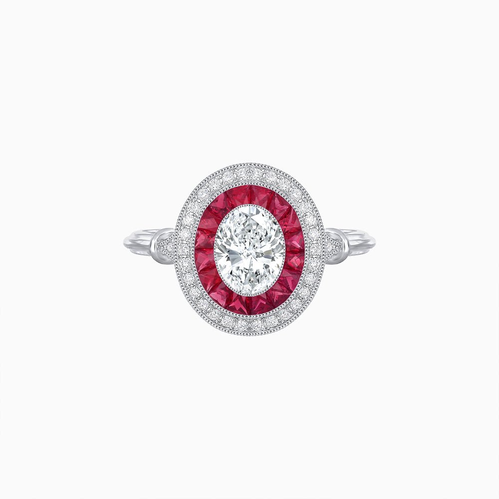 Oval Cut Center Stone Double Halo Ring Mounting with French Cut Gemstone Accents - Shahin Jewelry