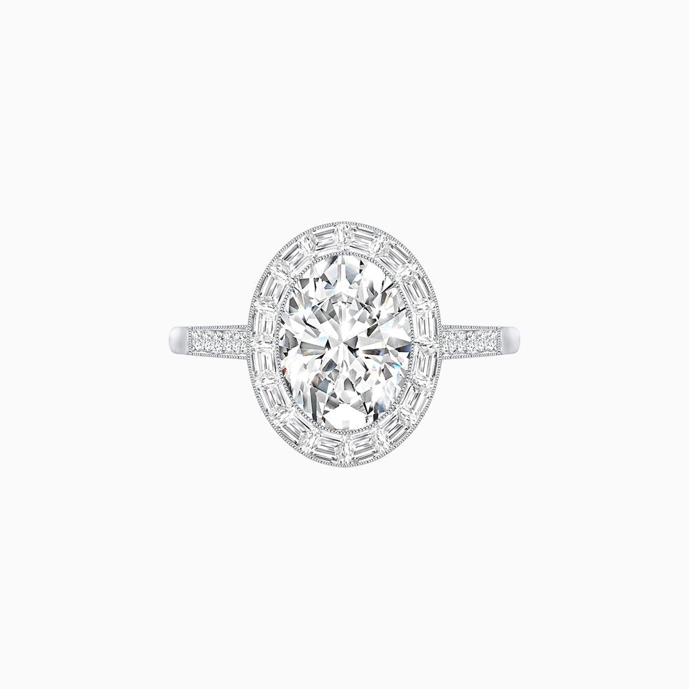 Oval Cut Ring with Baguette Diamond Halo and Diamond-Accented Shank - Shahin Jewelry