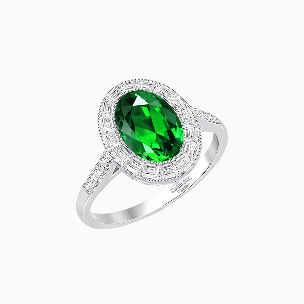Oval Cut Ring with Baguette Diamond Halo and Diamond-Accented Shank - Shahin Jewelry