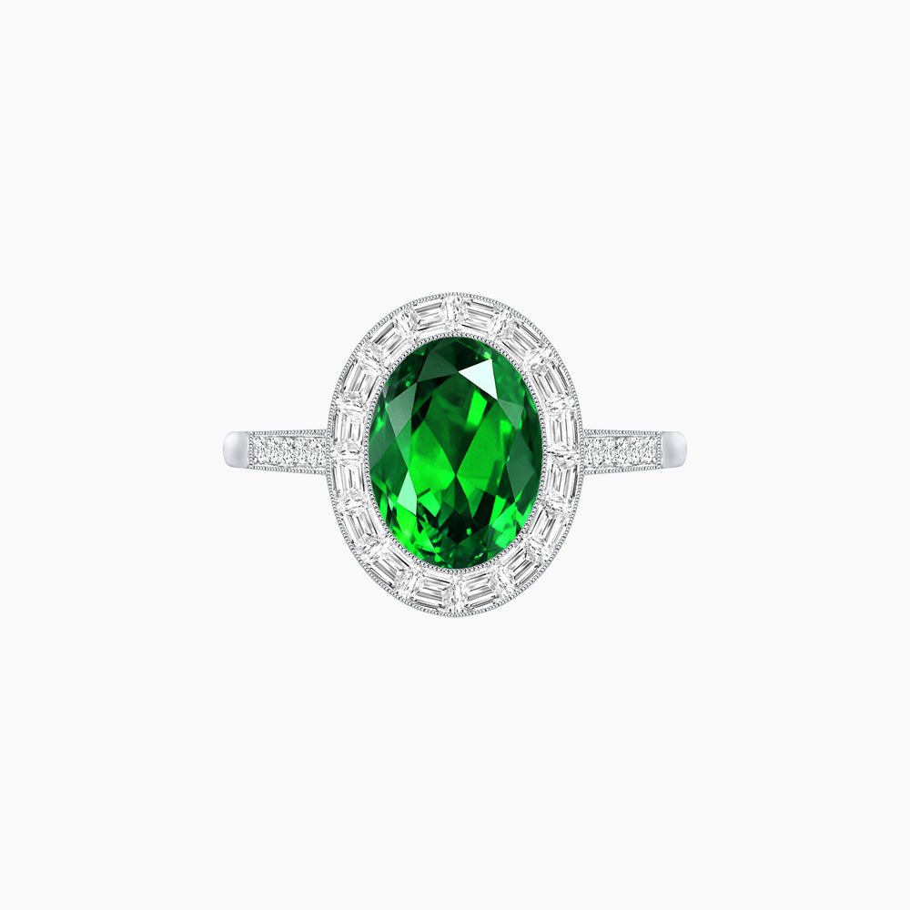 Oval Cut Ring with Baguette Diamond Halo and Diamond-Accented Shank - Shahin Jewelry
