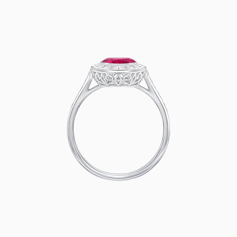 Oval Cut Ring with Baguette Diamond Halo and Diamond-Accented Shank - Shahin Jewelry