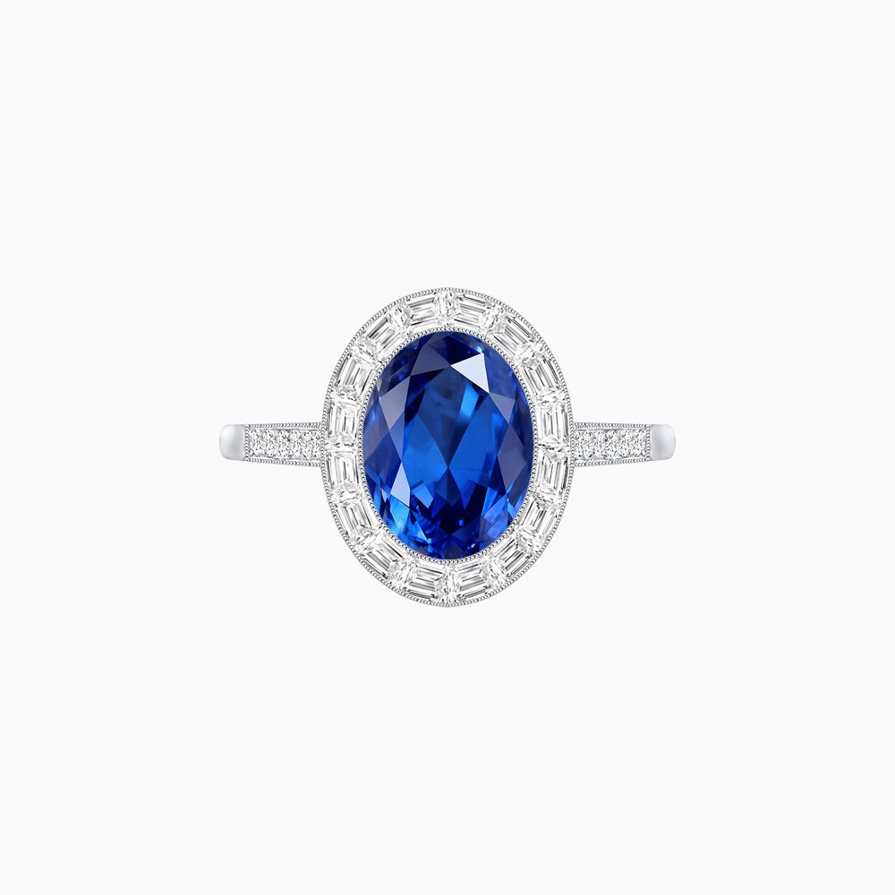 Oval Cut Ring with Baguette Diamond Halo and Diamond-Accented Shank - Shahin Jewelry