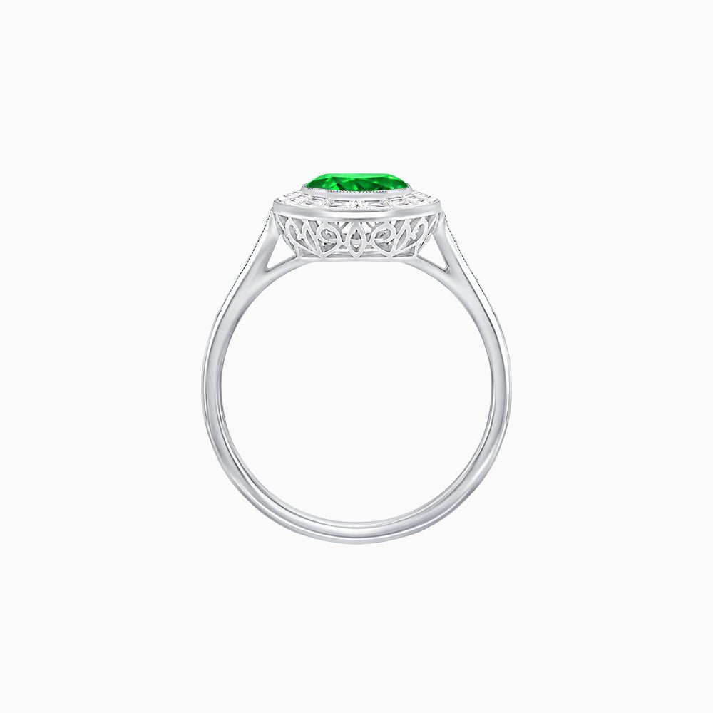 Oval Cut Ring with Baguette Diamond Halo and Diamond-Accented Shank - Shahin Jewelry