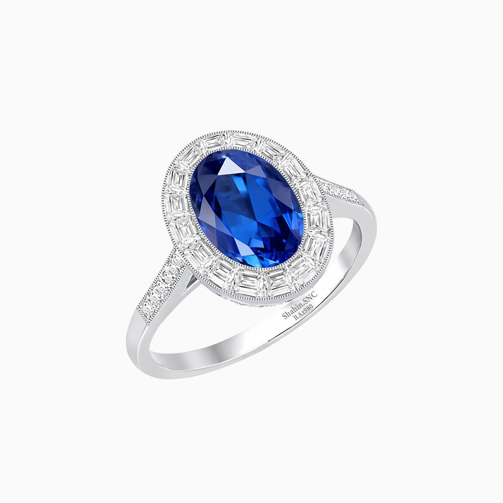 Oval Cut Ring with Baguette Diamond Halo and Diamond-Accented Shank - Shahin Jewelry