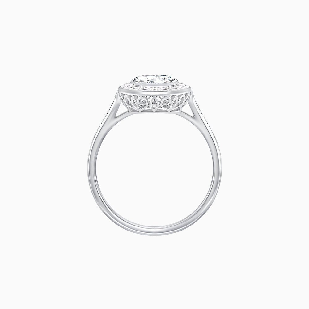 Oval Cut Ring with Baguette Diamond Halo and Diamond-Accented Shank - Shahin Jewelry