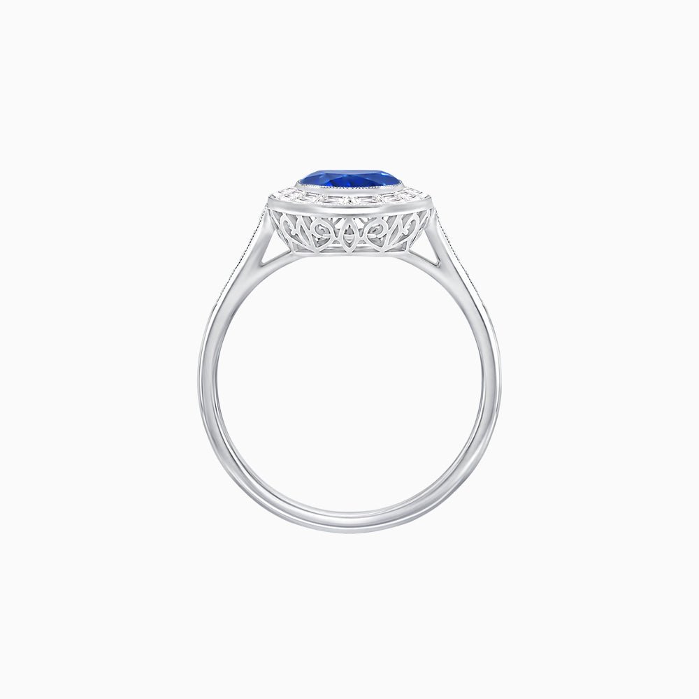 Oval Cut Ring with Baguette Diamond Halo and Diamond-Accented Shank - Shahin Jewelry