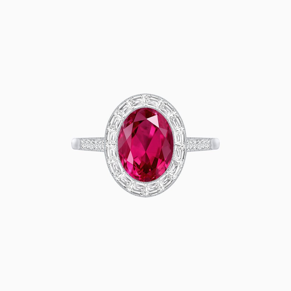 Oval Cut Ring with Baguette Diamond Halo and Diamond-Accented Shank - Shahin Jewelry