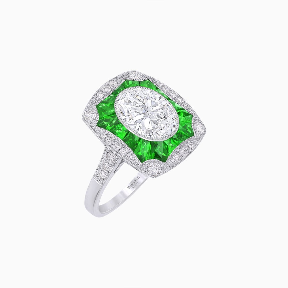 Oval Shape Art Deco Inspired Ring with Diamond - Shahin Jewelry