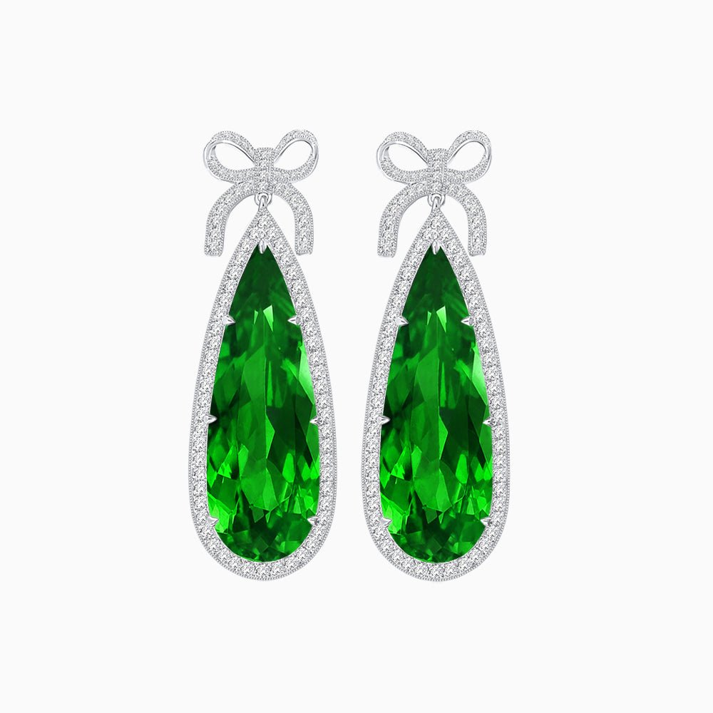 Pear Shape Drop Earrings with Diamond Halo and Bow Motif - Shahin Jewelry