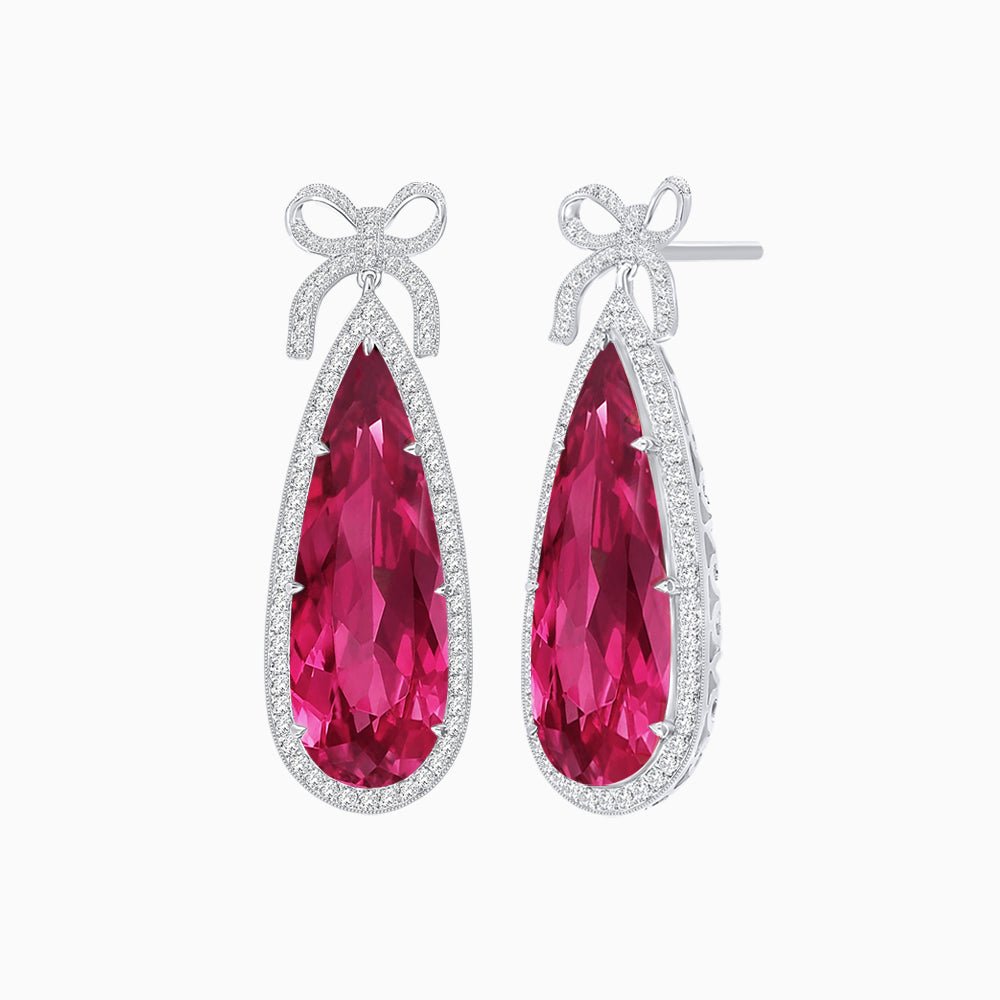 Pear Shape Drop Earrings with Diamond Halo and Bow Motif - Shahin Jewelry