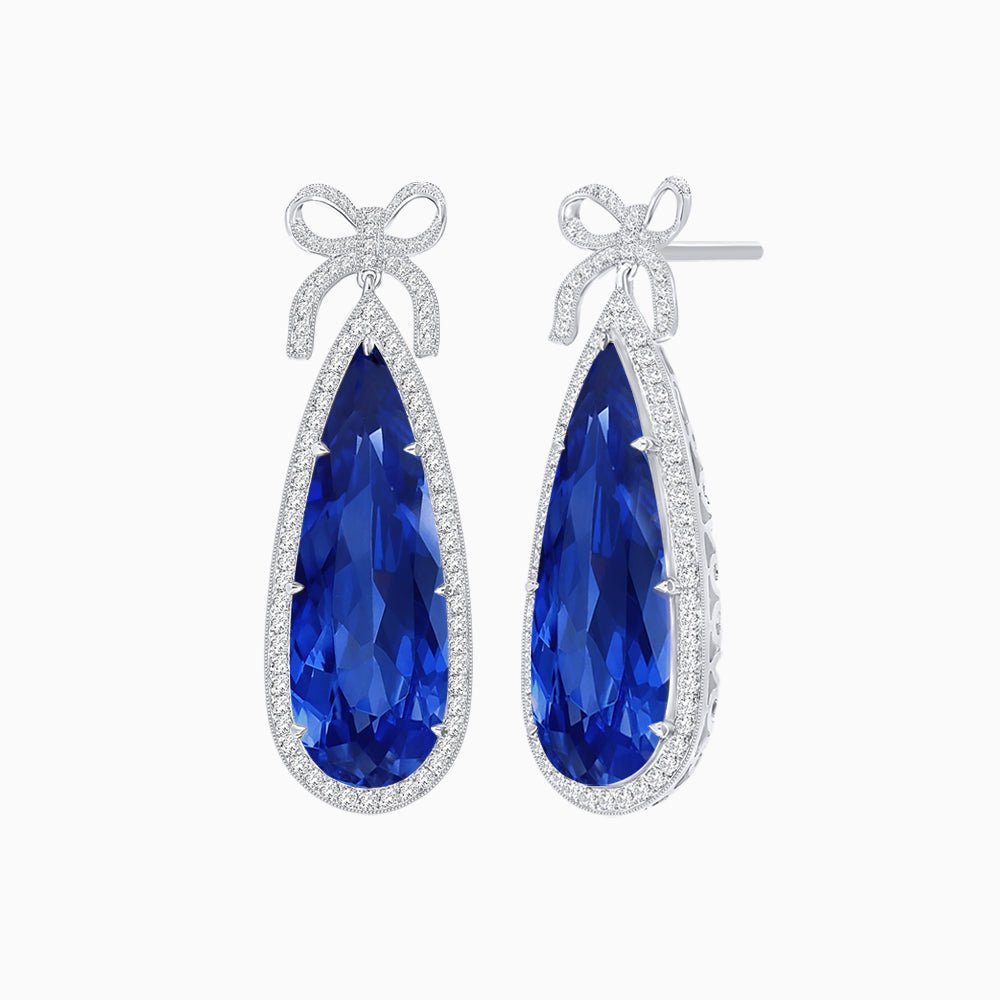 Pear Shape Drop Earrings with Diamond Halo and Bow Motif - Shahin Jewelry