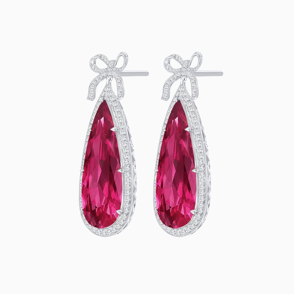 Pear Shape Drop Earrings with Diamond Halo and Bow Motif - Shahin Jewelry