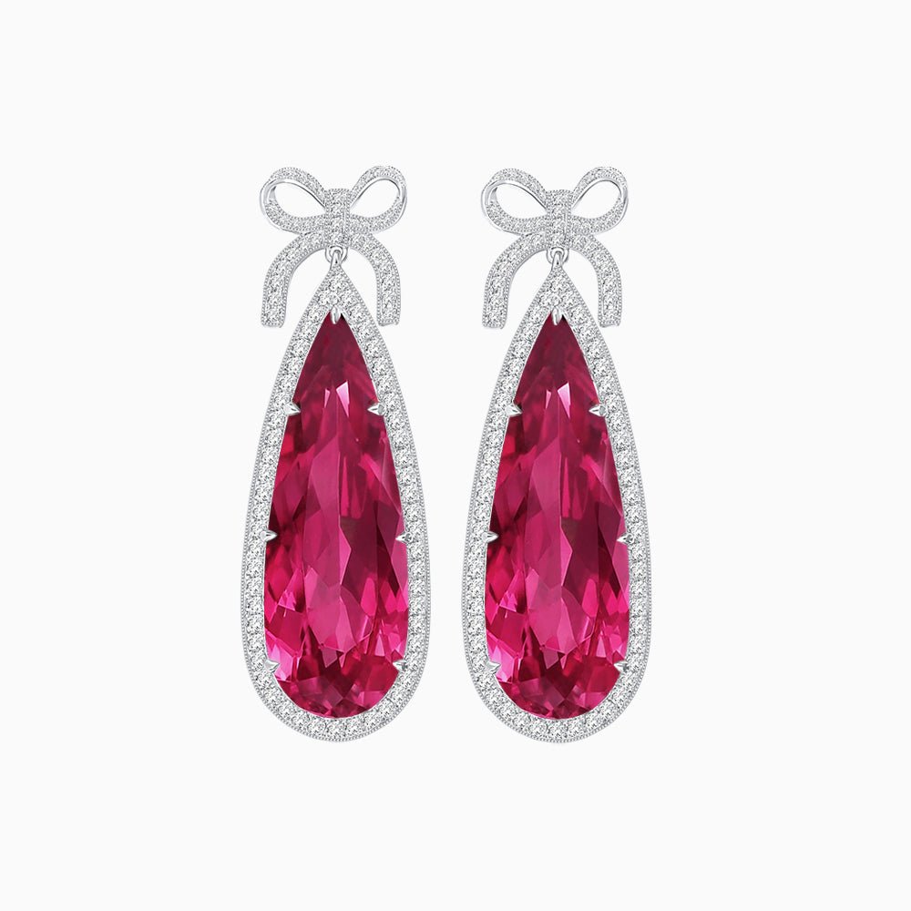 Pear Shape Drop Earrings with Diamond Halo and Bow Motif - Shahin Jewelry